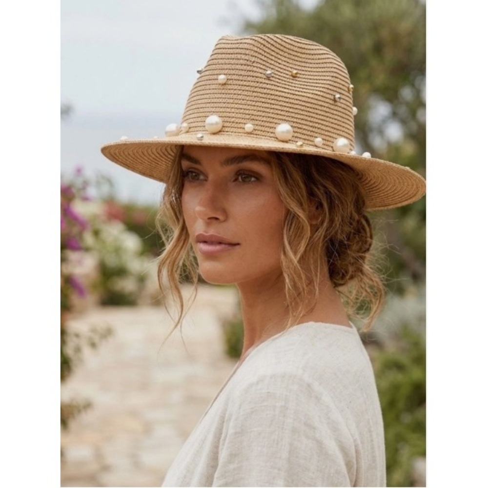 Steve Madden Straw Fedora Sun Hat Pearl & Stud Embellished Tan Beach Vacation